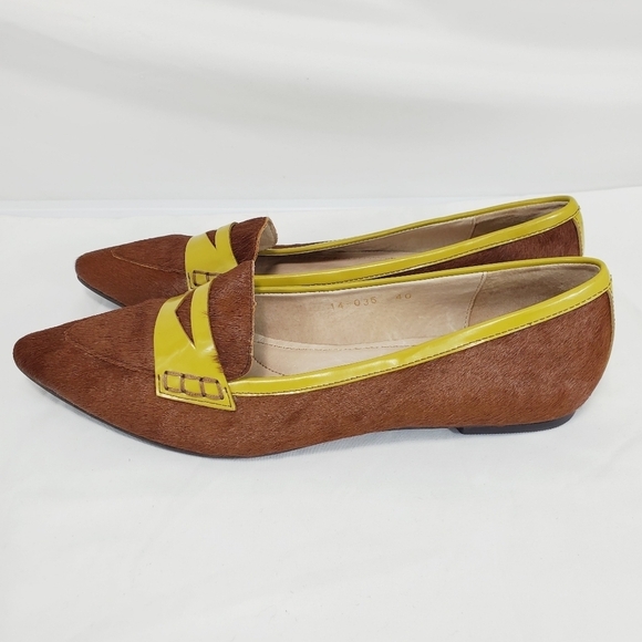 All Black /Anthropologie Brown Citron Patent Leather Pony Hair Loafer Flat 40EU - Picture 7 of 10